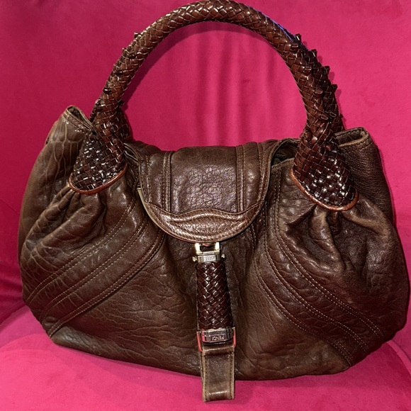 Fendi brown leather spy bag shoulder satchel hobo purse zucca liner - Picture 16 of 16